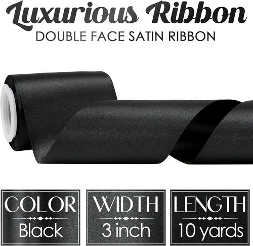 MEEDEE Black Satin Ribbon - Lux Double-Faced 3 Inch Wide | 10 Yards for Christmas & Halloween Decor