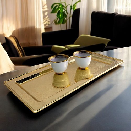 Maro Megastore 13.6 inch x 6.9 inch Rectangular Iron Gold Plated Serving Tray Floral Engraved Decorative Party Birthday Wedding Buffet Wine Candle Decor Platter Plate Base Dish FST-077