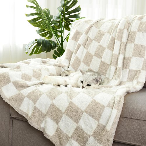 Cozzenity Checkered Throw Blanket, Taupe Soft Cozy Fluffy Knitted Throw Blankets for Couch, Sofa, Bed, Chair, Warm Fuzzy Travel Picnic Lightweight Plaid Blanket, 50x70 inches
