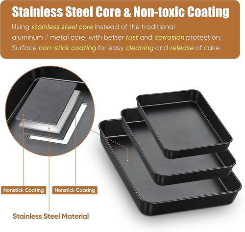 E-far Nonstick Baking Pans Set - 3 Rectangle Stainless Steel Cake Pans for Toaster Oven | 12.5/10.5/9.4 Inch, Black