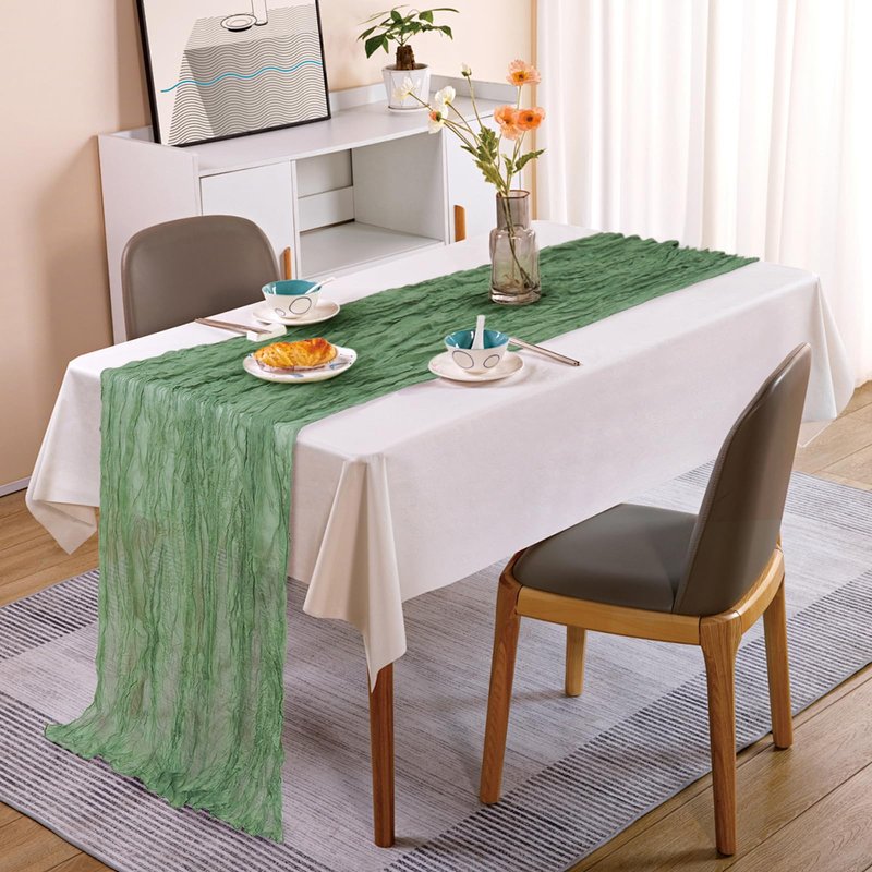 Eternal Beauty 6 Pack Sage Green Cheesecloth Table Runners - 35x120 in - 10FT Gauze Fabric Boho Table Decor - Rustic Sheer Wedding Runner for Baby Shower, Birthday Party & Special Events