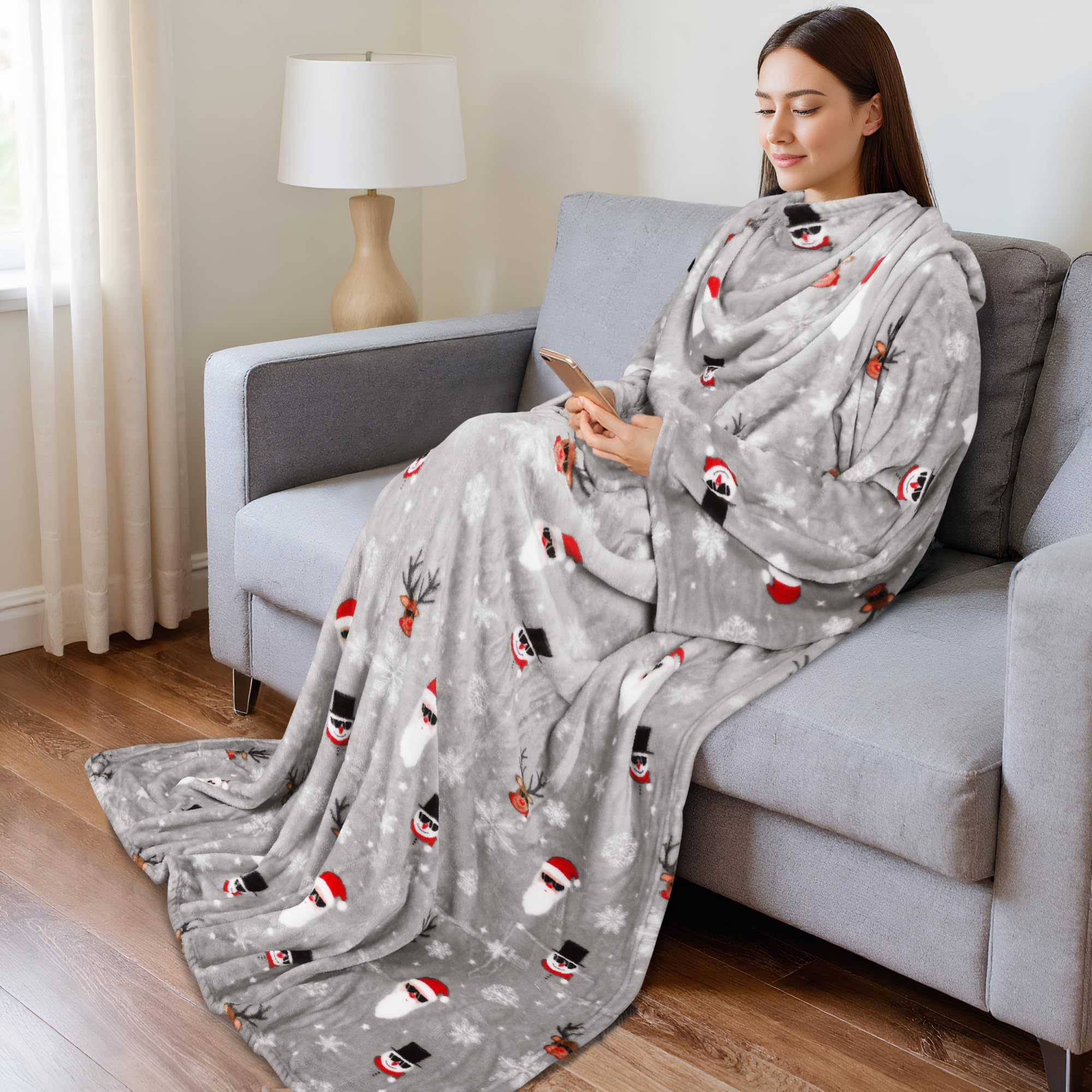 Catalonia Wearable Blanket with Sleeves and Pocket, Cozy Soft Fleece Mink Micro Plush Wrap Throws Blanket Robe for Women and Men, Ugly Christmas