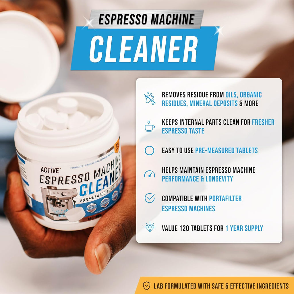 ACTIVE Espresso Machine Cleaning Tablets - 120 Tabs | Descaling Solution for Breville, Gaggia, Delonghi, Jura, Philips