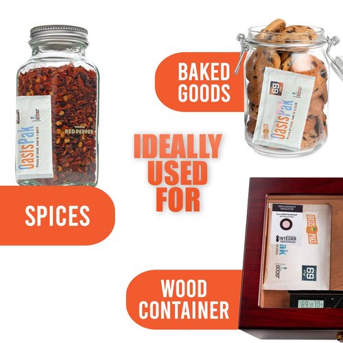 OasisPak 69% RH Two-Way Humidity Control Packs (12 Pack) - 67 Gram Packs | Maintain Humidty, Freshness, Flavors & Aromas | Salt-Free, Leak-Proof Moisture Absorbers for Storage Cases & Containers