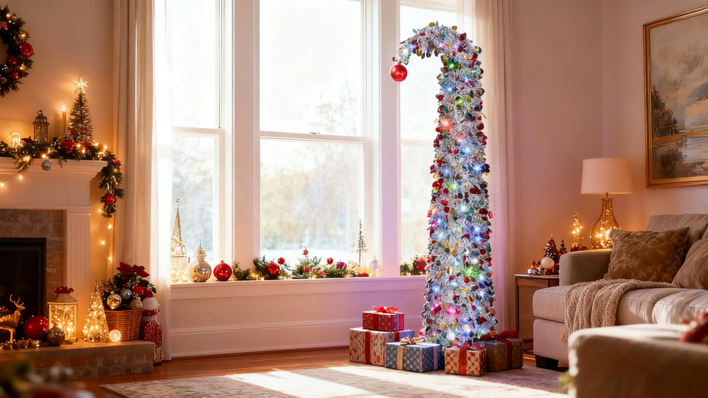 NEXSTRON 5Ft Pop Up Christmas Tree Collapsible with Lights, Easy Pull Up Christmas Tree Foldable with 150 Color Lights, Colorful Silver Pencil Skinny Tinsel Xmas Tree with Storage Box for Apartments