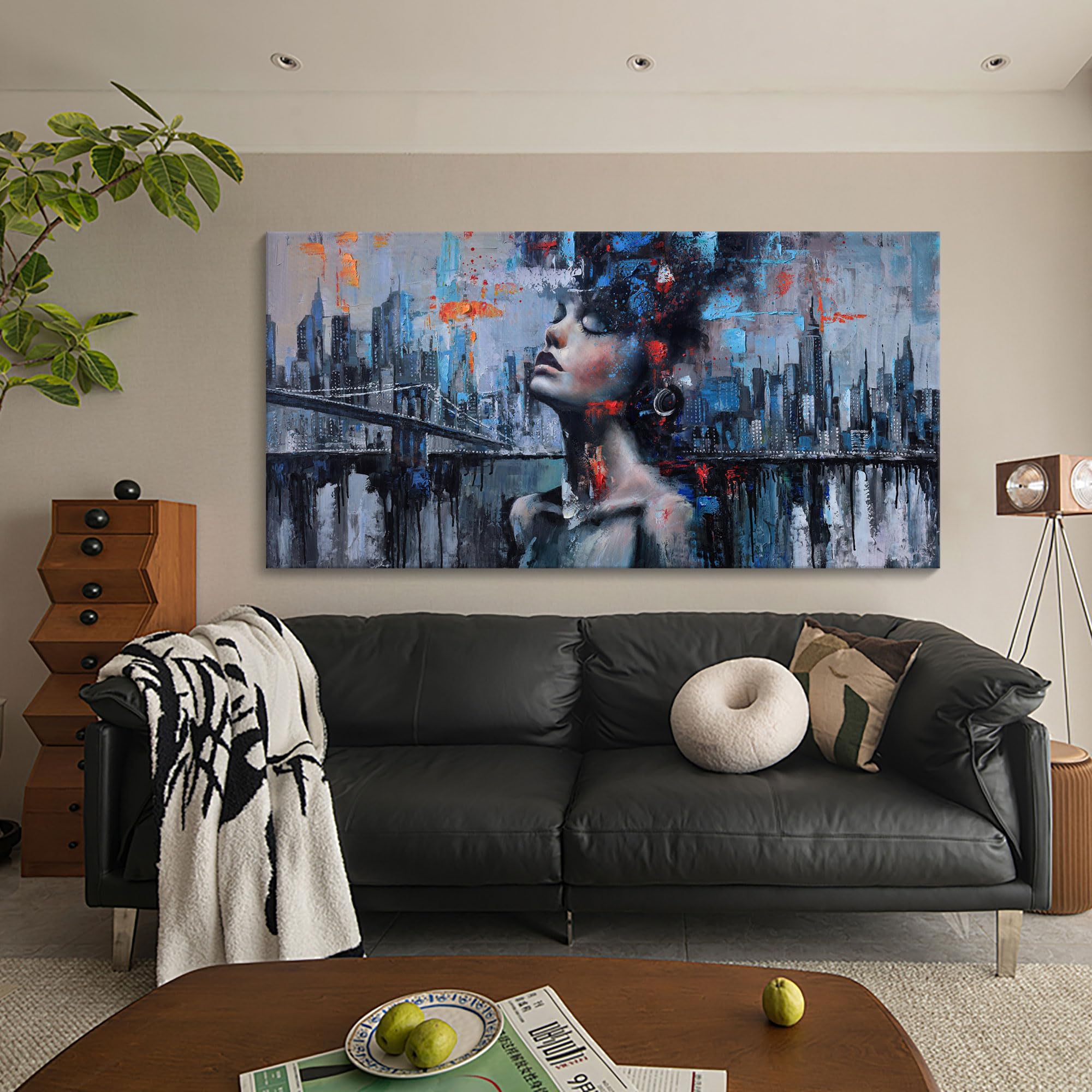 Navy Blue Abstract Wall Art Woman Picture for Living Room Modern Home Bedroom Decoration New York City Framed Cityscape Artwork Decor 20x40IN