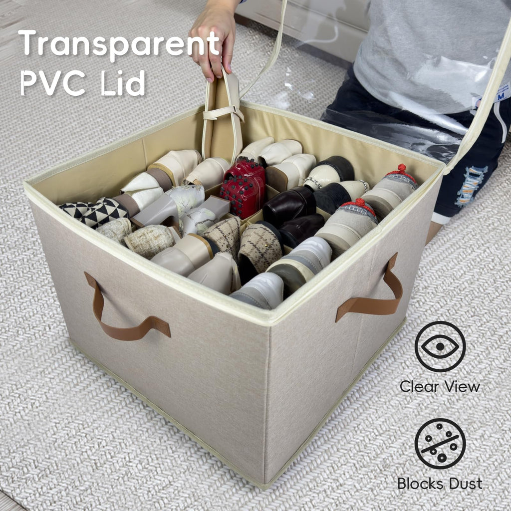 Fuonsyn 2-Pack Shoe Storage Organizer for Closet - Large Capacity Fits 16-32 Pairs, Clear Cover with Reinforced Handles, Adjustable Dividers, Dustproof Stackable Containers, Khaki