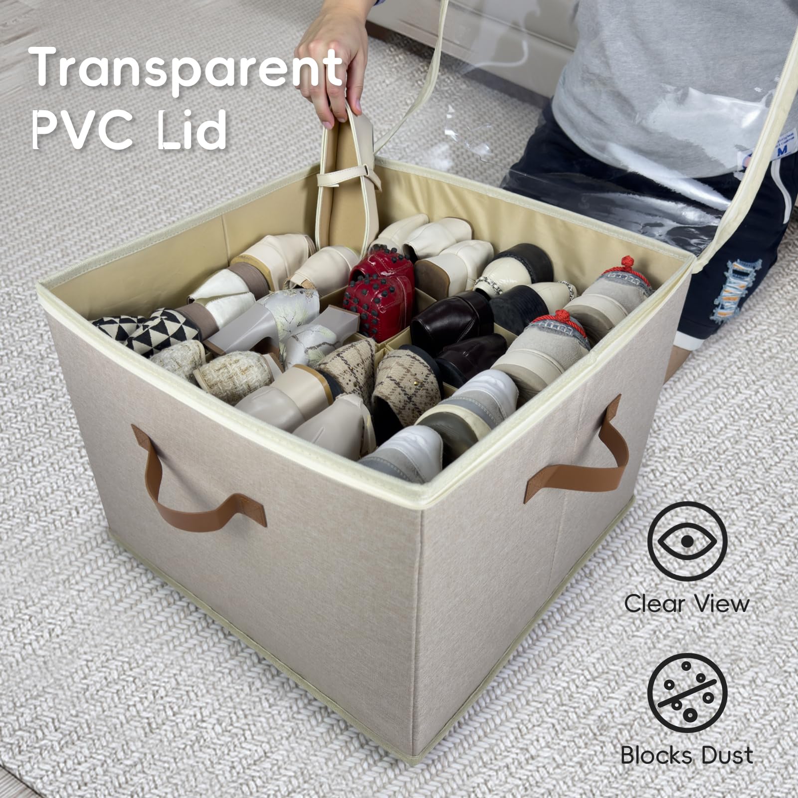 Fuonsyn 2-Pack Shoe Storage Organizer for Closet - Large Capacity Fits 16-32 Pairs, Clear Cover with Reinforced Handles, Adjustable Dividers, Dustproof Stackable Containers, Khaki
