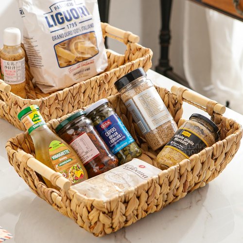 Mowtanco Woven Storage Baskets - Set of 2 Handwoven Water Hyacinth Baskets with Wooden Handles | Perfect for Organizing and Home Decor - Medium Size
