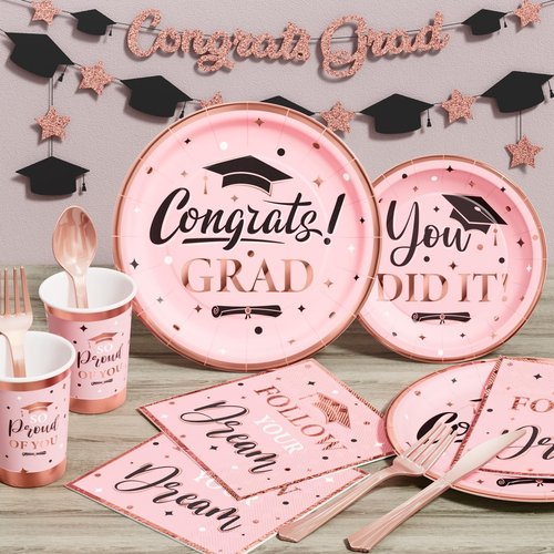 Ecomore Graduation Decoration Class of 2025, 245PCS Grad Party Decor Supplies & Disposable Dinnerware(Serve 25) Paper Plate Cup Napkin Cutlery Tablecloth Backdrop Balloon Garland Kit(Pink & Rose Gold)