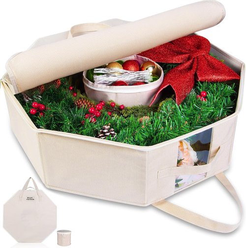 BrilliantJo Wreath Storage Bag - Hard Shell Christmas Decorations Case with Pockets | 24-Inch Houndstooth Design