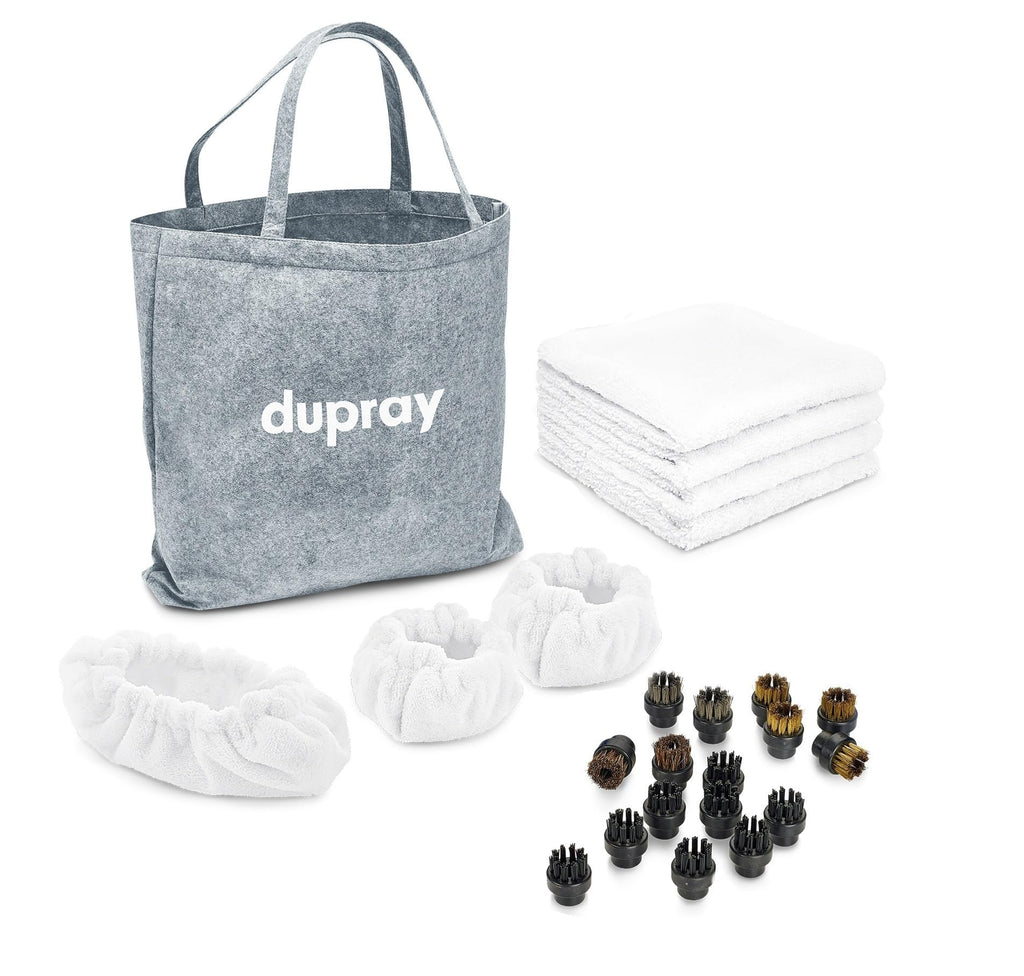 Dupray Steam Cleaning Pack Pro, 24-Piece Accessory Kit for Dupray Steam Cleaners, Microfiber Cloths & Bonnets, Nylon Brass Horsehair Stainless Brushes, Felt Storage Bag