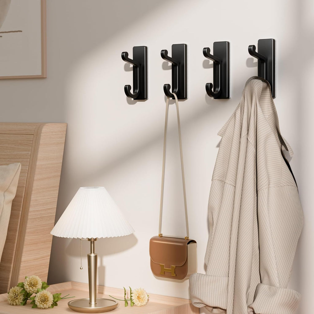 Self Adhesive Wall Hooks - Black Sticky Hangers | Holds 13Lbs for Clothes, Towels & Keys - 4 Pack