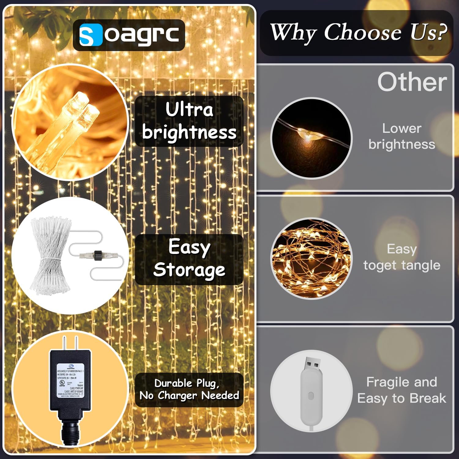 Skiennix 200 LED Curtain String Lights - 9.8 x 6.6FT Waterproof Fairy Lights with Timer & 8 Modes for Indoor/Outdoor Decor