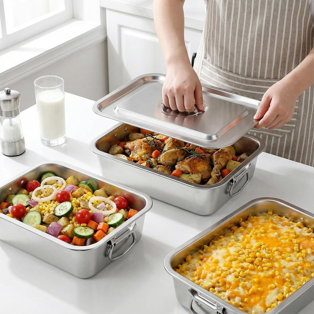 Skiennix 4-Inch Extra Deep Lasagna Pan - Nonstick Stainless Steel Baking Dish with Lid & Handles | 14x10.6 Inch Silver