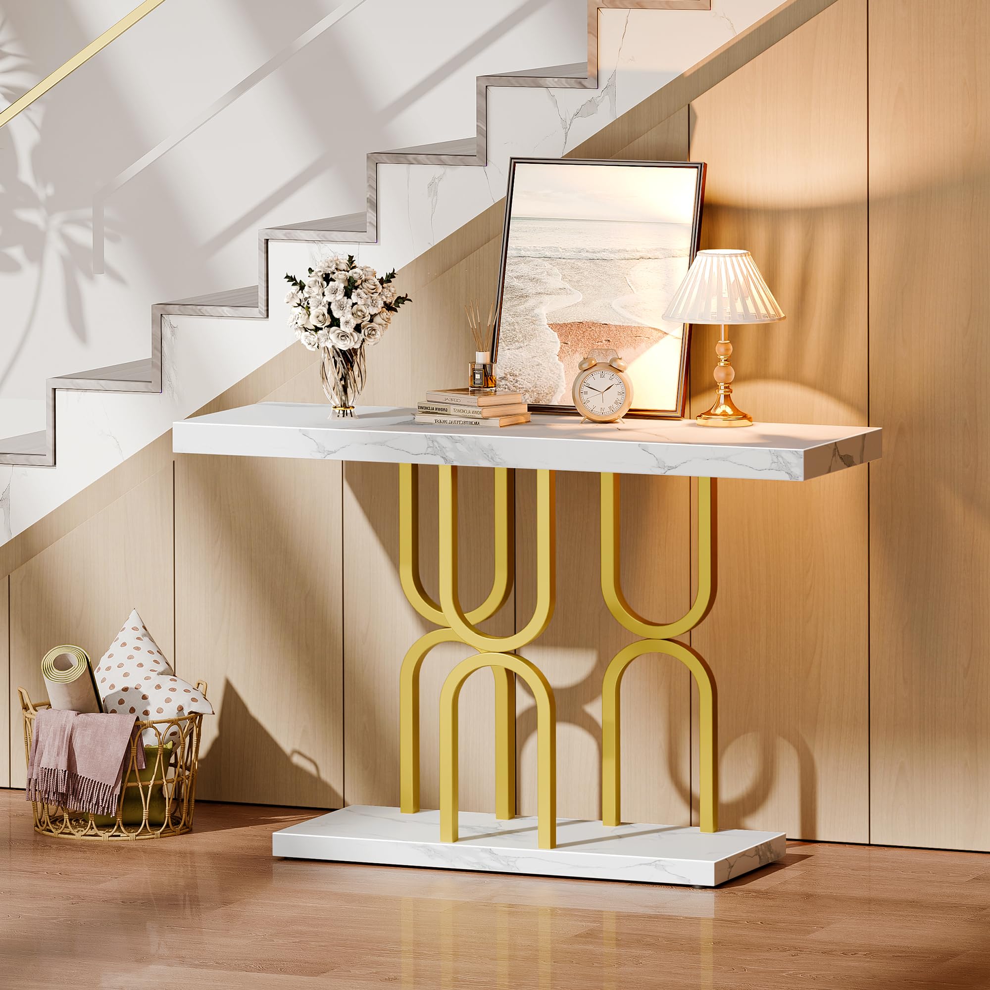 Huuger 47.2 Inch Entryway Table with Marble Top, Modern Console Sofa Table, Accent Table, for Entry, Hallway, Entrance, Foyer, U-Shaped Metal Base, White Marble & Gold