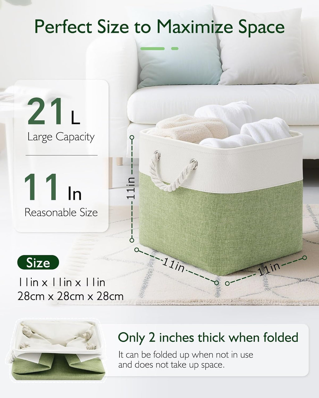 Patvingot 11-Inch Cube Storage Bins - 6 Pack Fabric Organizer Baskets with Rope Handles | White/Green