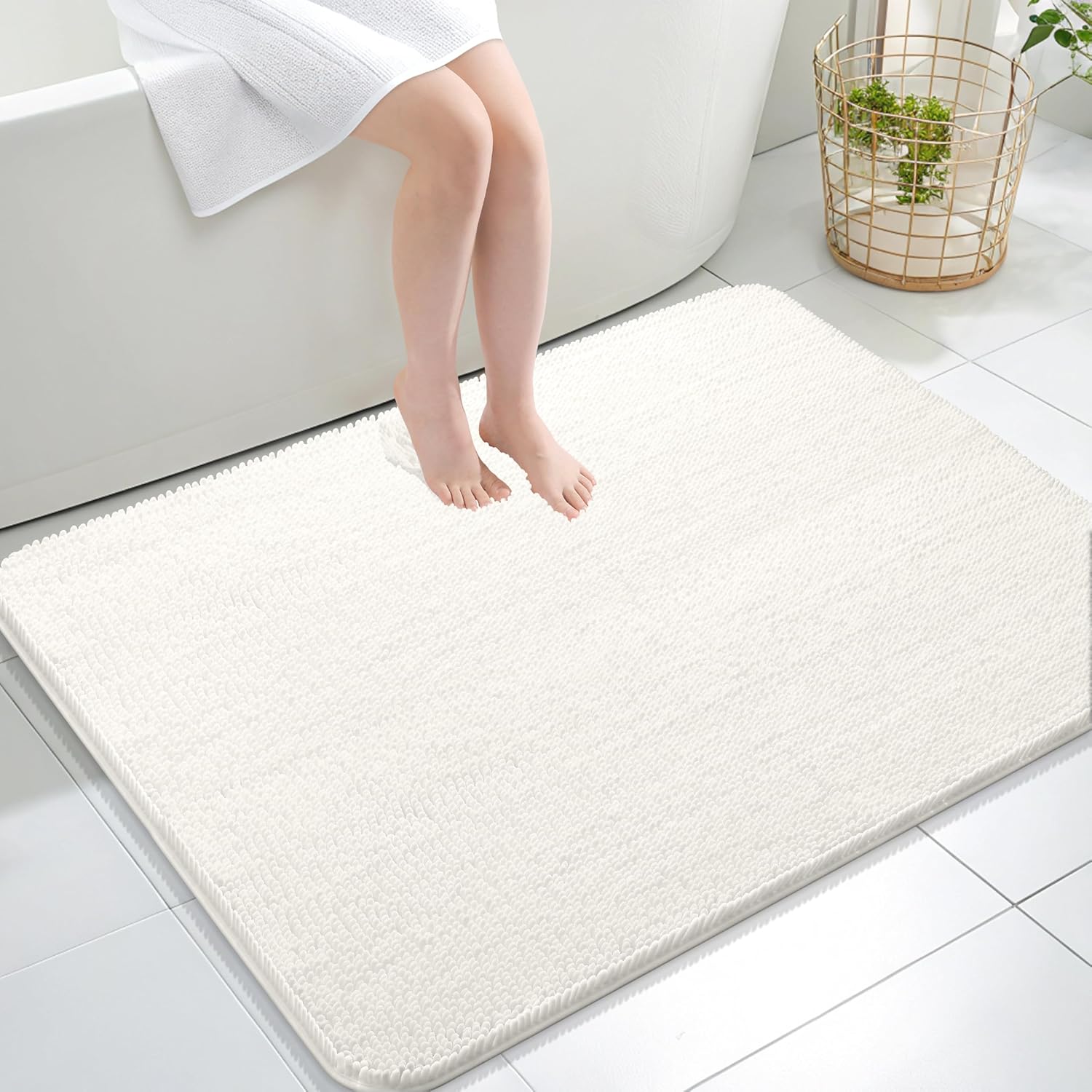 OLANLY Large Bathroom Rugs - Extra Soft Chenille Bath Mats | Quick-Dry, Machine Washable, Ivory 40x32