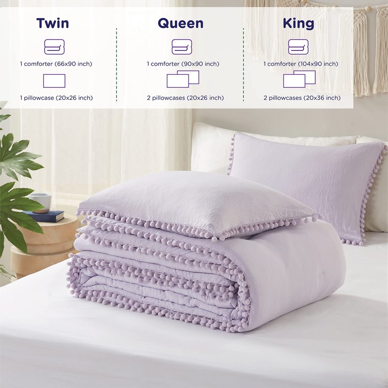 Codi Lavender Purple Boho Twin Comforter Set for Girls, Aesthetic Pom Fringe Design Cute Bedding, Soft Washed Microfiber Bed Sets, Lightweight Chic,1 Comforter & 1 Pillowcase