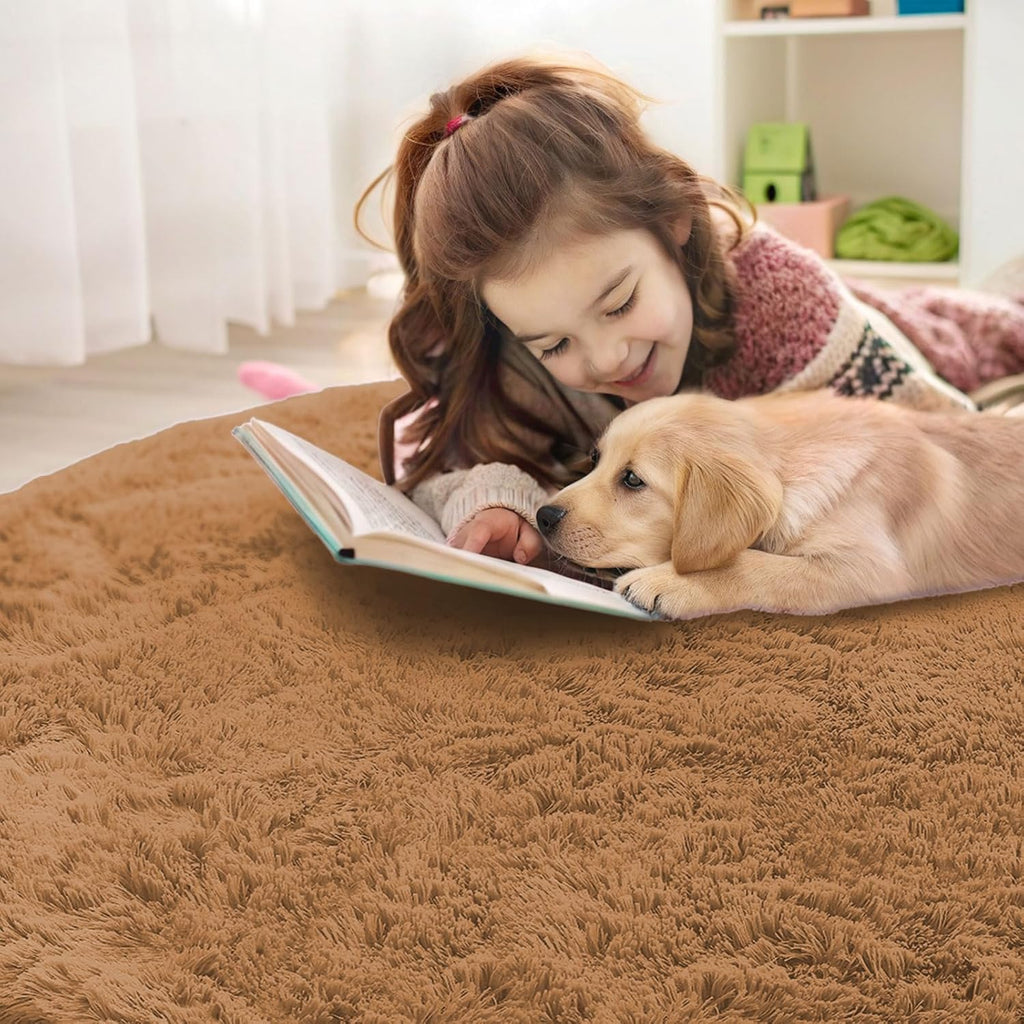 OLANLY Round Khaki Area Rug - Soft, Fluffy, Machine Washable 6 ft Circle Carpet for Bedroom & Living Room