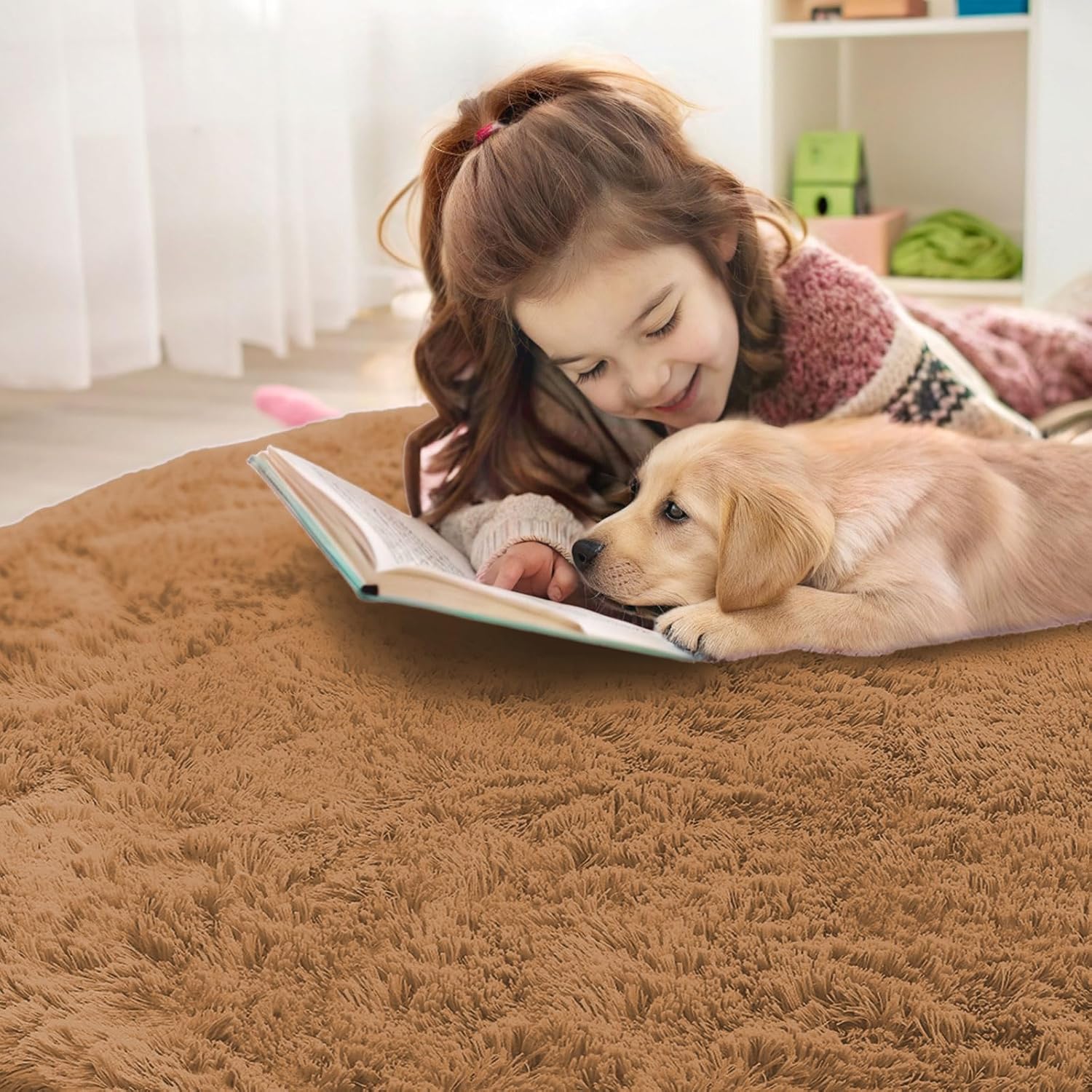 OLANLY Round Khaki Area Rug - Soft, Fluffy, Machine Washable 6 ft Circle Carpet for Bedroom & Living Room