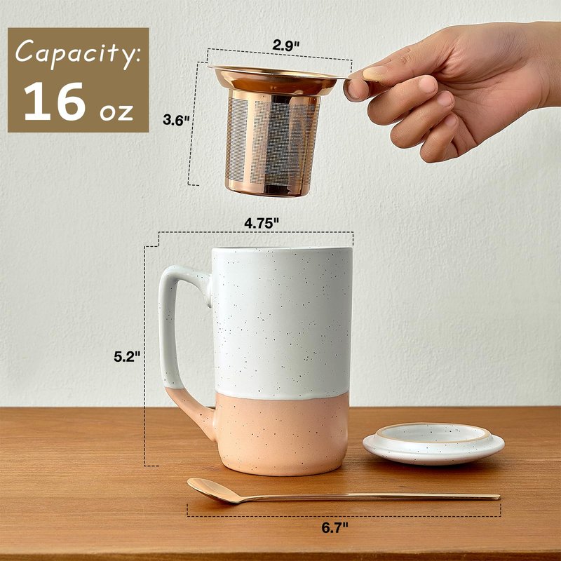 Gencywe Ceramics Large Tea Cup with Loose Leaf Infuser, Spoon and Lid, 16 oz Tall Coffee Mug, Microwave and Dishwasher Safe, Rustic Matte Ceramic Glaze, Tea Strainer (Pink)