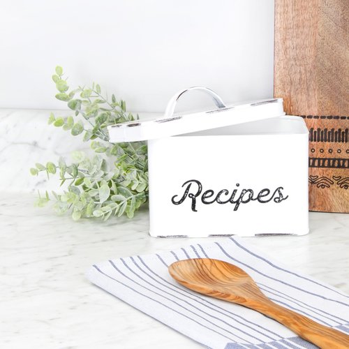 AuldHome Design Rustic White Recipe Box; Enamel Farmhouse Recipe Holder and Organizer for 4 x 6 Inch Recipe Cards