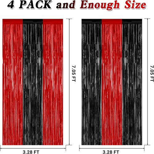 4 Pack Halloween Backdrop | Red & Black Metallic Tinsel Curtains - 3.28 FT x 7.05 FT Party Decor