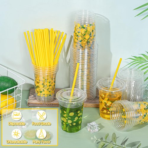 Kochorie 300 Pieces Lemon Plastic Disposable Cups with Lids and Straws 16 Ounce Lemon Hawaiian Luau Party Plastic Cups Clear Summer Tropical Party Cups Fruit Cold Cups for Lemonade Juice Water