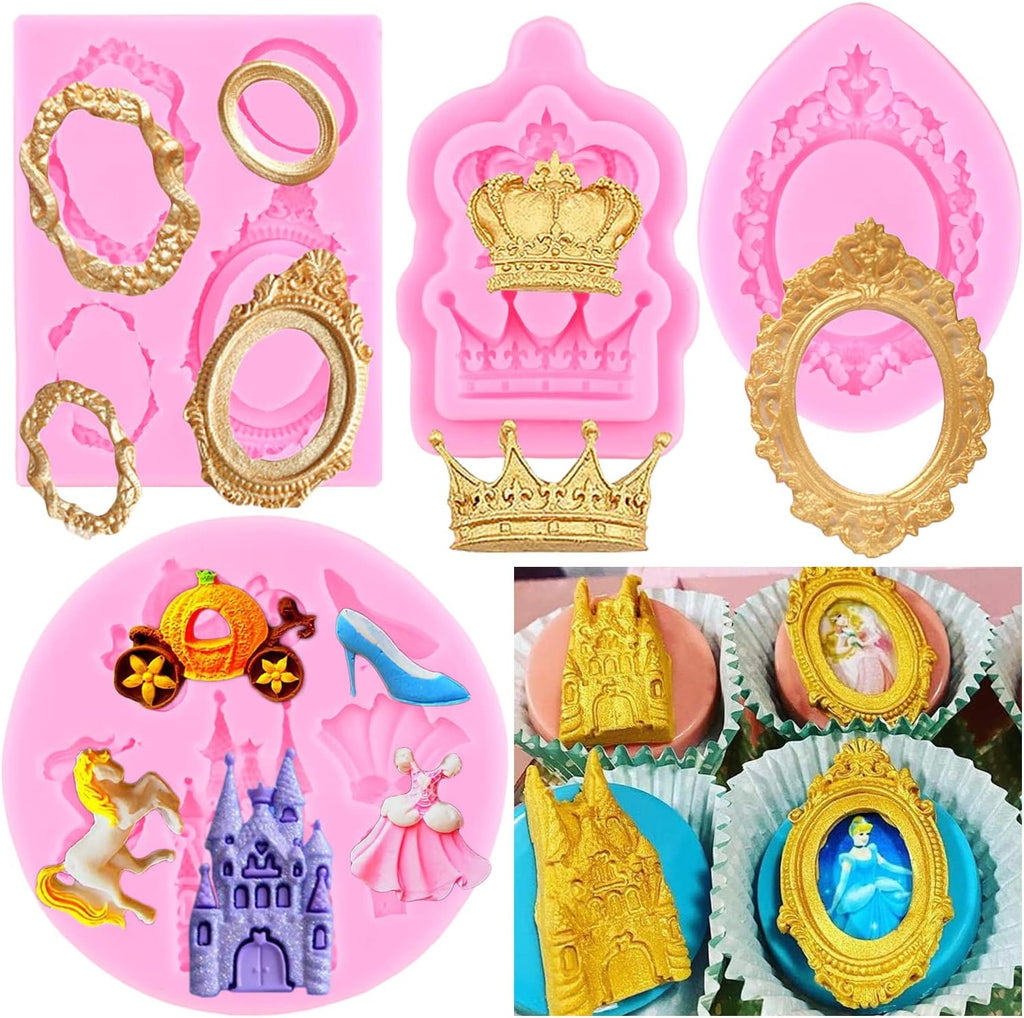 Skiennix Silicone Mold Set - Cinderella Fondant Molds for Cake Decoration | 4-Piece Baroque Photo Frame & Crown Design