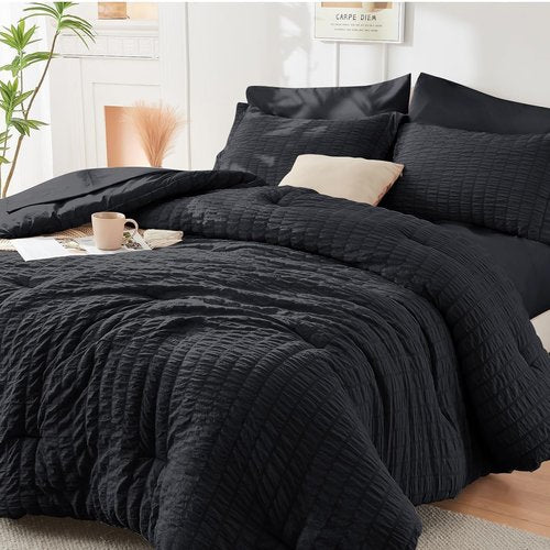 HYMOKEGE Queen Seersucker Comforter Set - Lightweight 3-Piece Bedding for All Seasons | Black