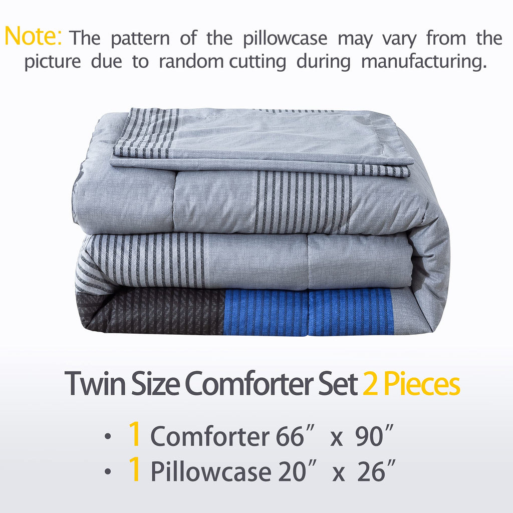 Andency Twin Comforter Set Blue (66x90 Inch), 2 Pieces Patchwork Striped Comforter Bed Sets for Boys, Soft Microfiber Down Alternative Comforter Bedding Set with Corner Loops