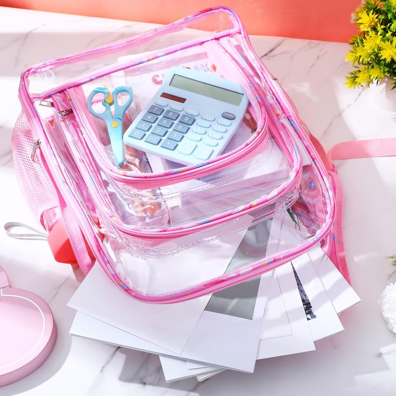 AmazingSpark 3 Pcs Clear Back to School Backpack for Girlslunch Bag Heavy Duty Transparent Rainbow Pink Bookbags with Lunch Box Pencil Case for Teen Girls Concert Stadium Events Approved See Through