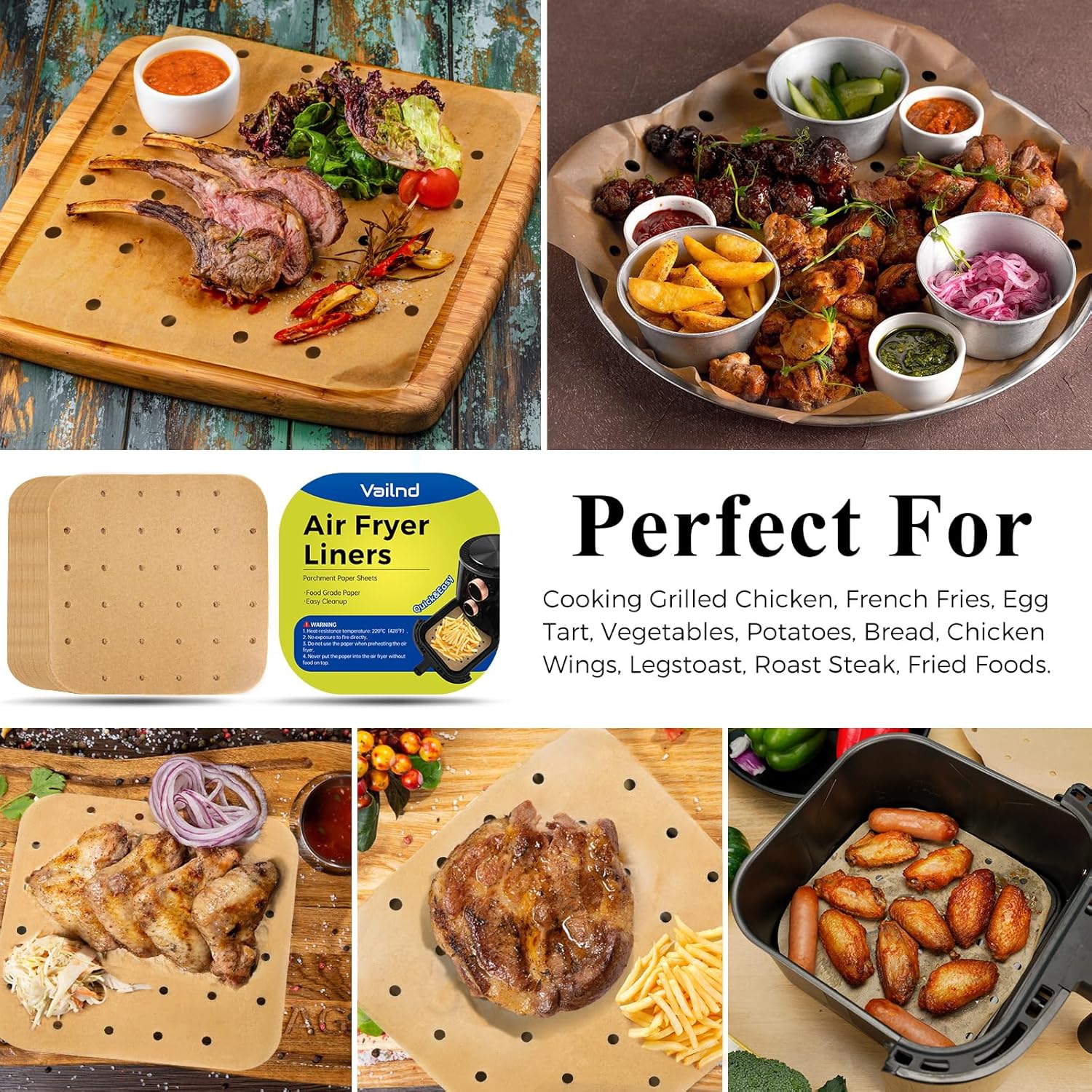 Vailnd Air Fryer Liners - Disposable Unbleached Parchment Paper Sheets | 100 Pcs, 8.5 In Square for 5-8 Qt Air Fryers
