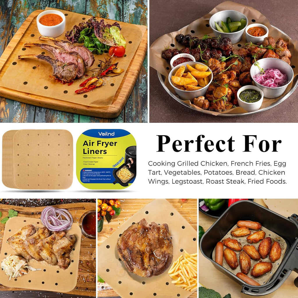 Vailnd Air Fryer Liners - 200 Pcs Unbleached Perforated Parchment Paper Sheets | 8.5 In for 5-8 Qt Air Fryers