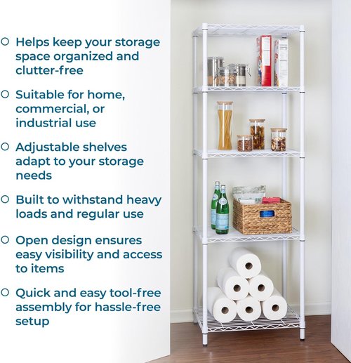 Honey-Can-Do 5-Tier Heavy-Duty Metal Storage Rack - Adjustable Shelves, 250-lb Capacity, White, 18" W x 24" L x 72" H