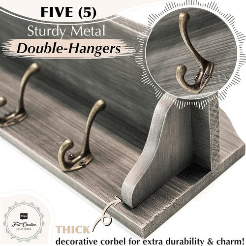 Felt Creative Home Goods Gorgeous 24" Farmhouse Coat Hanger Wall Mount with Shelf and Hooks for Entryway - Wall Mounted Rack for Hanging Coats, Jackets, Purses, Keys (Charcoal Brown-Gray)