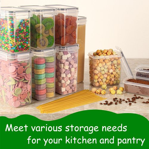 Airtight Food Storage Containers with Lids Set 14 Pack, Kitchen Pantry Organizers and Storage for Cereal Flour Sugar Pasta Snacks, Clear Plastic BPA Free Dry Food Canisters with 16 Labels & 5 Spoons