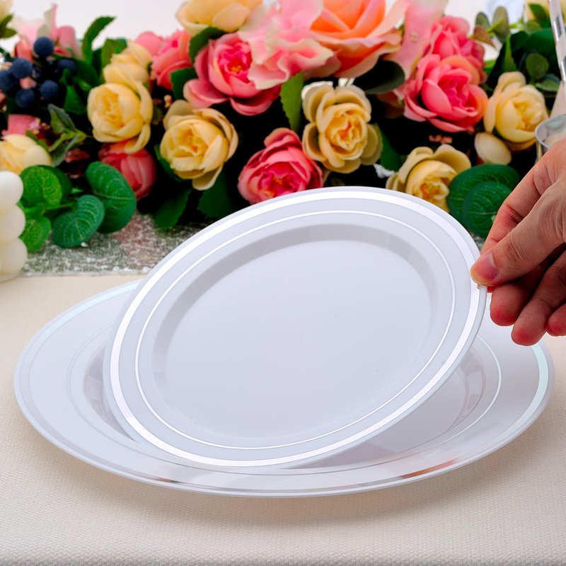 ISFANGCO 50 PCS Silver and White Plastic Plates for 50 Guests,10.25inch Silver Rimmed White Disposable Plastic Plates for Wedding,Party,Birthday,Smooth Edge & Heavy Duty Dinner Plate