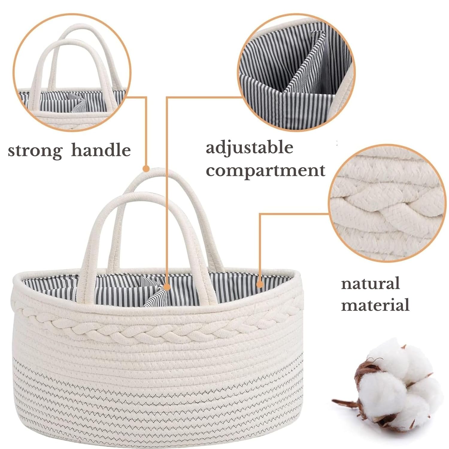 Skiennix Luxury Diaper Caddy Organizer - Large Cotton Rope Baby Basket for Nursery Storage | Off White