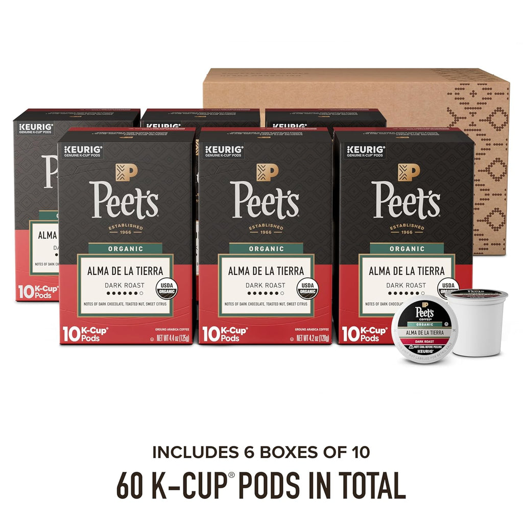 Peet's Coffee Organic Dark Roast K-Cup Pods - 100% Arabica Alma de la Tierra, 60 Count (6 Boxes of 10 Pods)