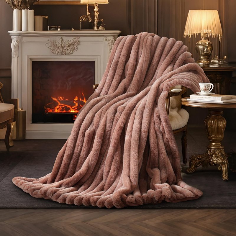 Amélie Home Luxury Striped Faux Fur Throw Blanket for Couch, Soft Cozy Fuzzy Fluffy Soft Plush Blankets Sofa Chair Gift Blankets for Women, 55"x70", Beige