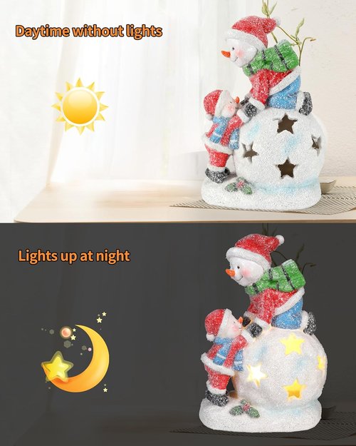 iStatue Snowman & Child Christmas Ornament - LED Light Resin Figurine | Unique Holiday Home Decor