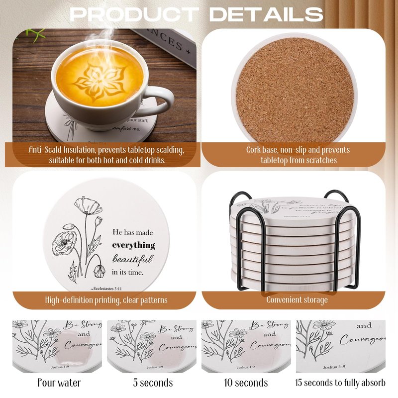 Hushee Set of 8 Christian Coasters with Bible Verses, Absorbent Ceramic Drink Coasters with Holder for Home Decor Table Protection Baptism First Communion Confirmation Gifts, 4 Inches(Floral)