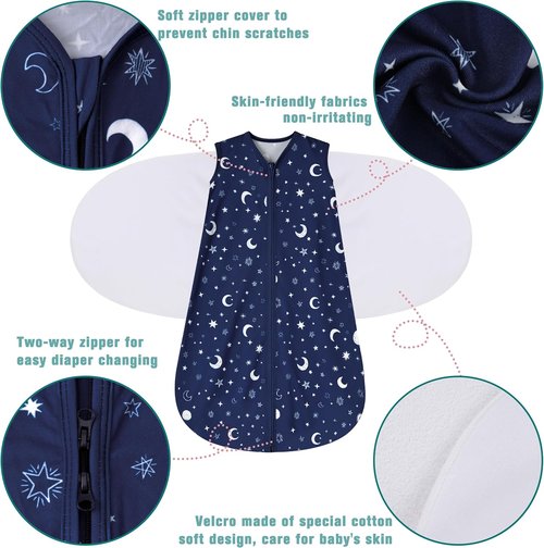BSTOPPT Newborn Sleep Sack | 3-Way Adjustable Swaddle Blanket for 3-6 Months | 100% Rayon Cotton, TOG 0.5 - Clouds & Starry Sky