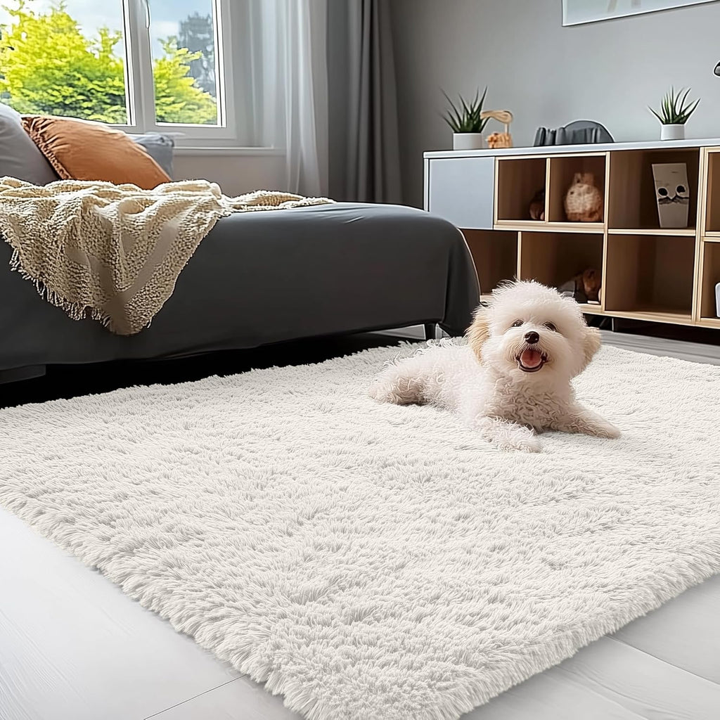 OLANLY Area Rug - Soft Fluffy Shaggy Carpet for Living Room & Bedroom | Machine Washable Ivory 4x7