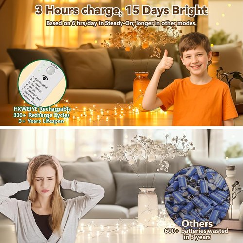 HXWEIYE 300L Curtain Lights - 16FT 50LED Rechargeable Fairy Lights with DIY Timer & 8 Modes