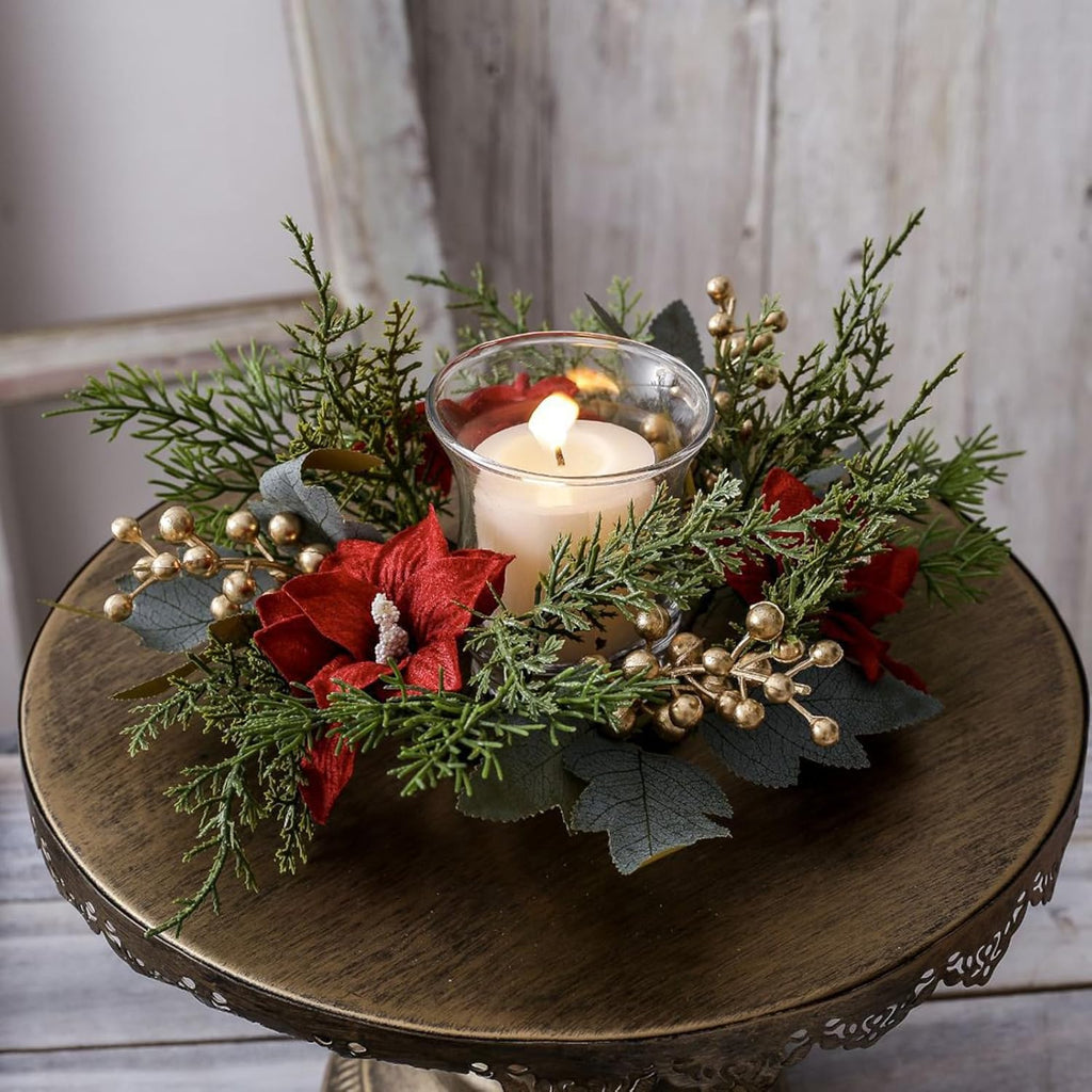Regine Switzerland Christmas Candle Rings - Artificial Flower & Gold Berries Decor | 2-Piece Set