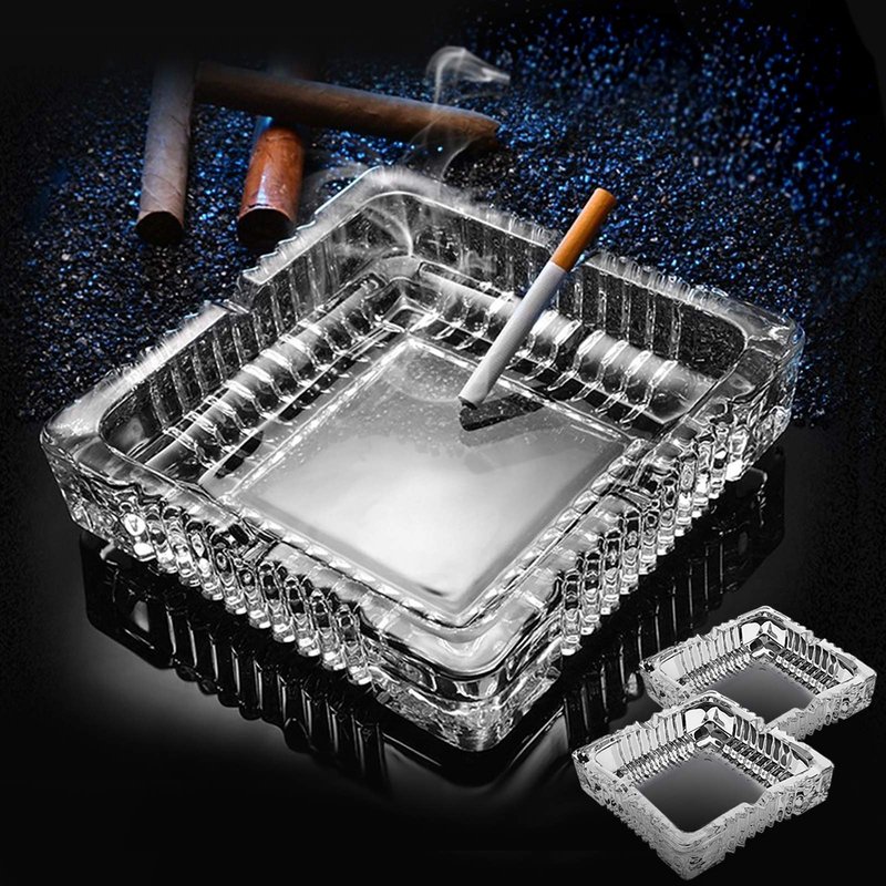 Ashtrays 2 Pack, Large Glass Ashtray for Cigarette (7x7 inch), Cigar Ash Tray for Indoor Outdoor Use or Home Office Decoration