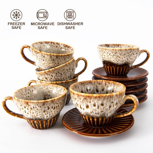 YINUOWEI 2 oz Espresso Cups Set of 6, Ceramic Cappuccino Cups with Saucers, Stackable Coffee Cup for Macchiato, Single shot, Tea, Coffee Lover Gifts, Glazed White
